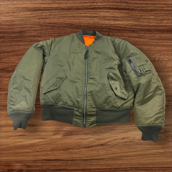 Alpha Industries Bomber Jacket Mens Full Zip Olive Green Flight Coat size L - Picture 1 of 8